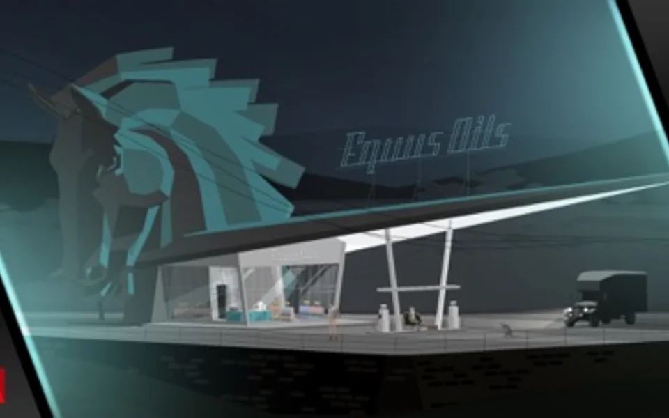 Autista che guida su una strada notturna illuminata in Kentucky Route Zero.